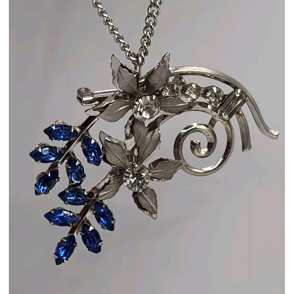 Cobalt Blue Rhinestone Floral Spray Silver Tone Pendant Brooch Retro Statement - Picture 3 of 16